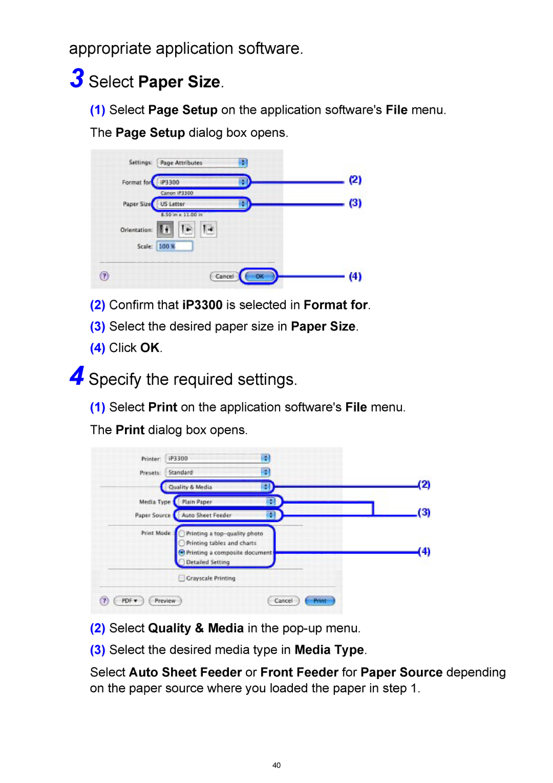 Canon iP3300 manual Appropriate application software, Select Paper Size 