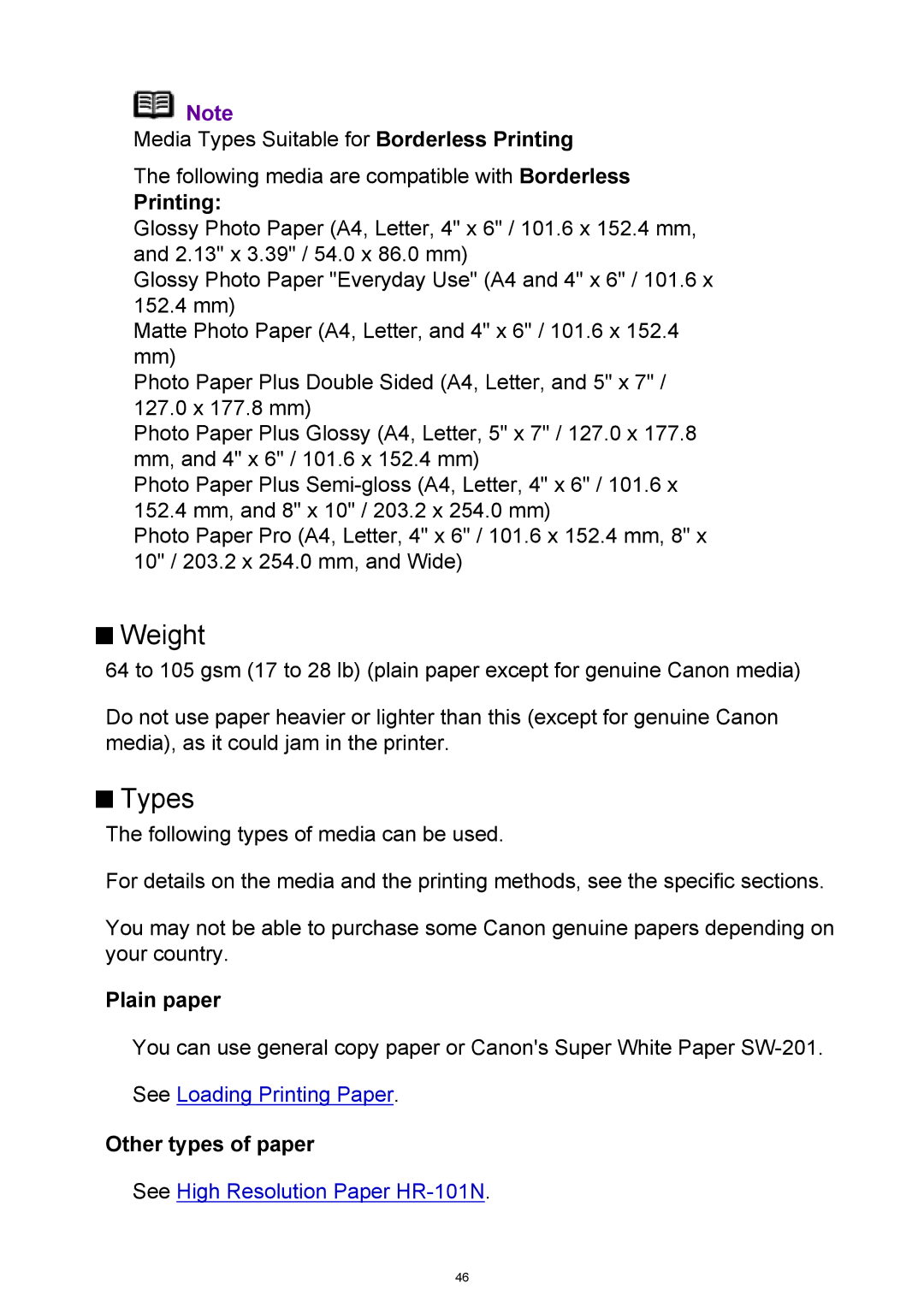 Canon iP3300 manual Weight, Types, Printing, Plain paper, Other types of paper 