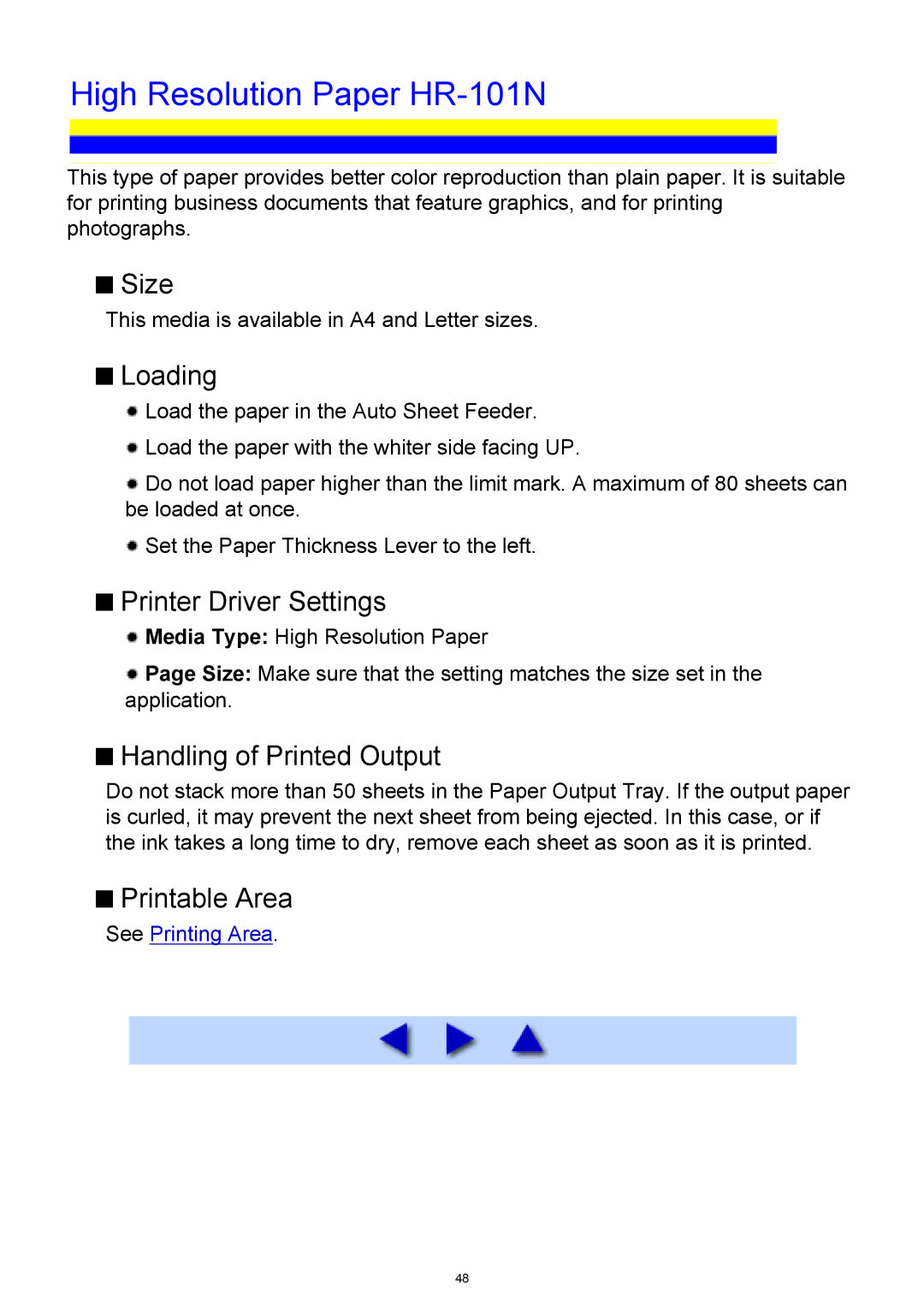 Canon iP3300 High Resolution Paper HR-101N, Loading, Printer Driver Settings, Handling of Printed Output, Printable Area 