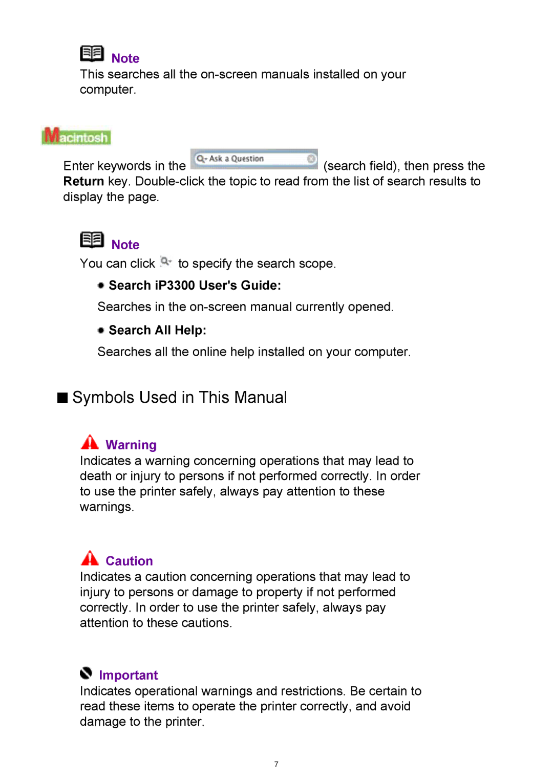 Canon manual Symbols Used in This Manual, Search iP3300 Users Guide, Search All Help 