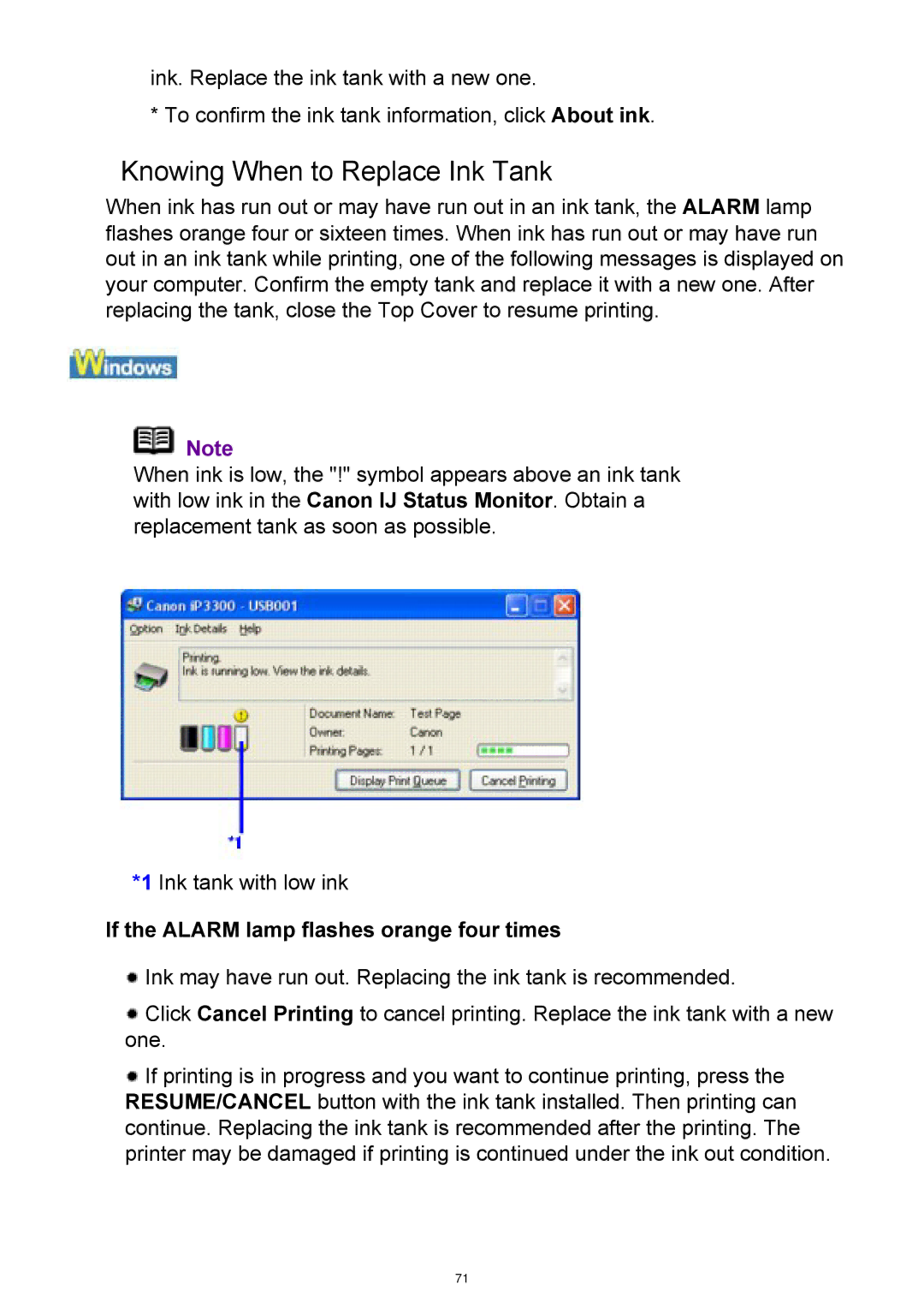 Canon iP3300 manual Knowing When to Replace Ink Tank, If the Alarm lamp flashes orange four times 