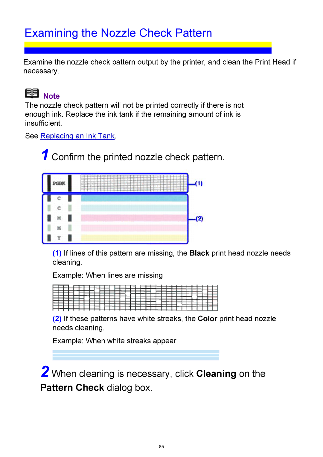 Canon iP3300 manual Examining the Nozzle Check Pattern, Confirm the printed nozzle check pattern 