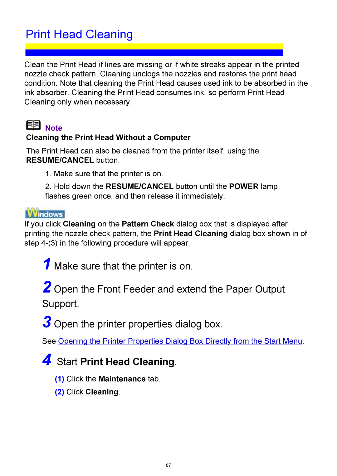 Canon iP3300 manual Print Head Cleaning, Cleaning the Print Head Without a Computer, Click Cleaning 