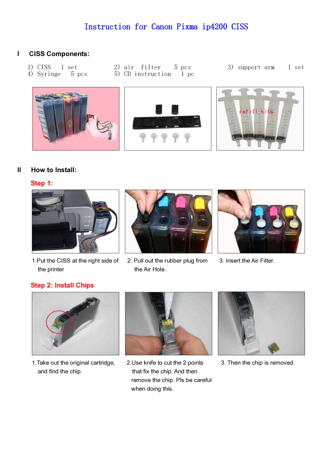 Canon ip4200 CISS manual Ciss Components, II How to Install Step, Install Chips 