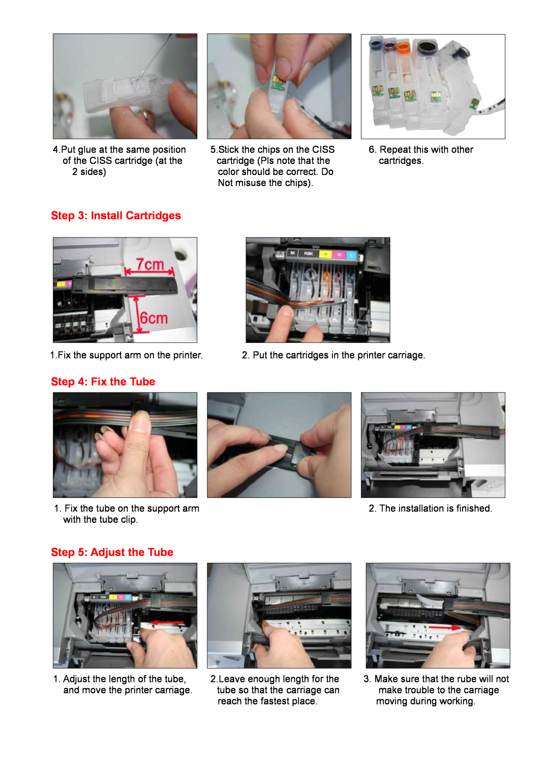 Canon ip4200 CISS manual Install Cartridges, Fix the Tube, Adjust the Tube 