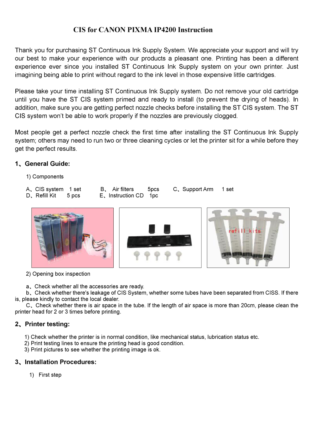 Canon IP4200 manual 、General Guide, 、Printer testing, 、Installation Procedures 