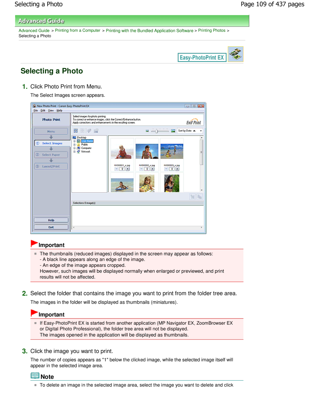 Canon iP4700 manual Selecting a Photo, 109 of 437 pages, Click Photo Print from Menu, Click the image you want to print 