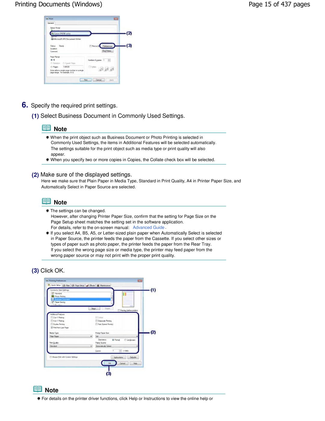 Canon iP4700 manual 15 of 437 pages, Select Business Document in Commonly Used Settings, Click OK 