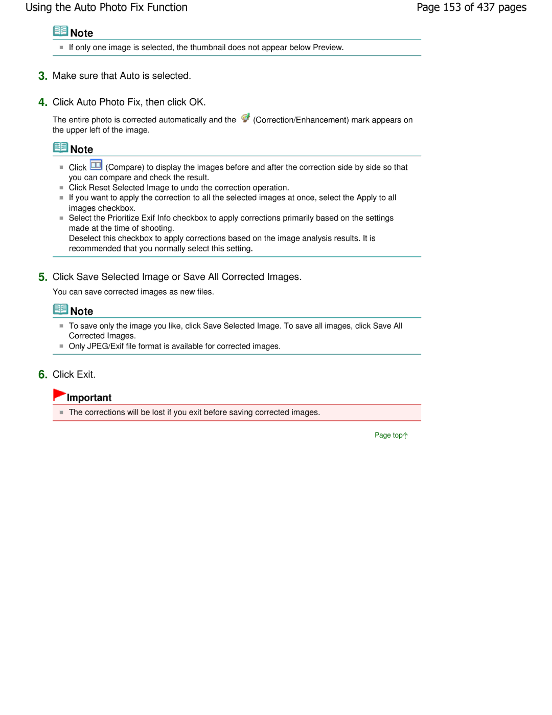 Canon iP4700 manual 153 of 437 pages, Click Exit, Click Save Selected Image or Save All Corrected Images 