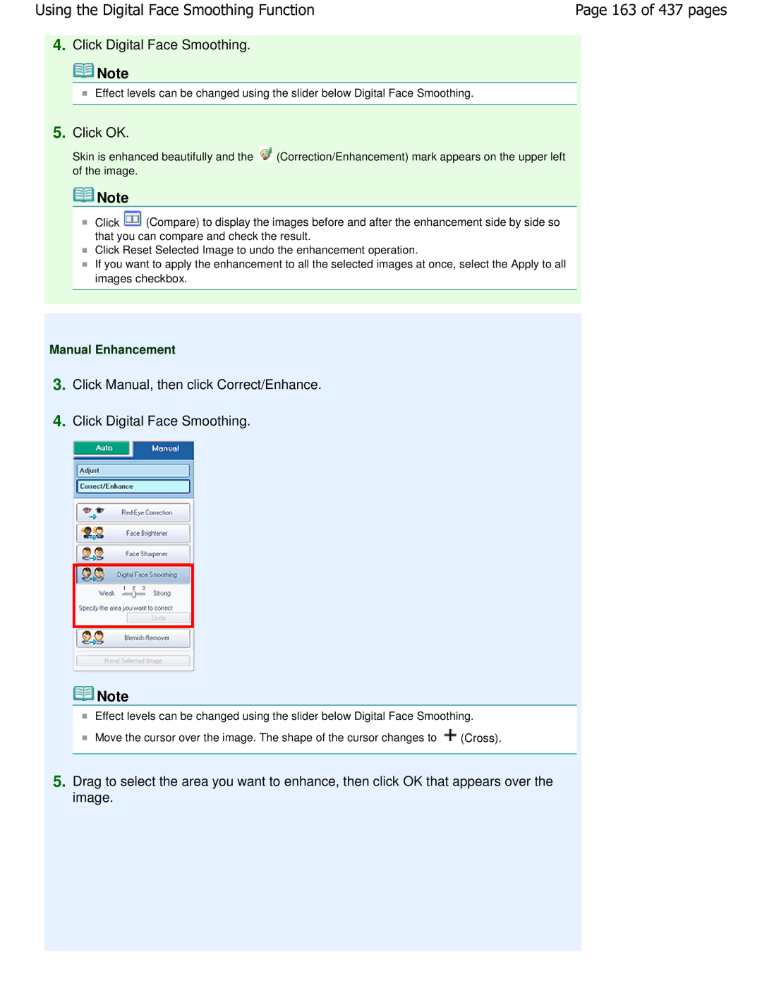 Canon iP4700 manual 163 of 437 pages, Click Digital Face Smoothing, Image, Manual Enhancement 