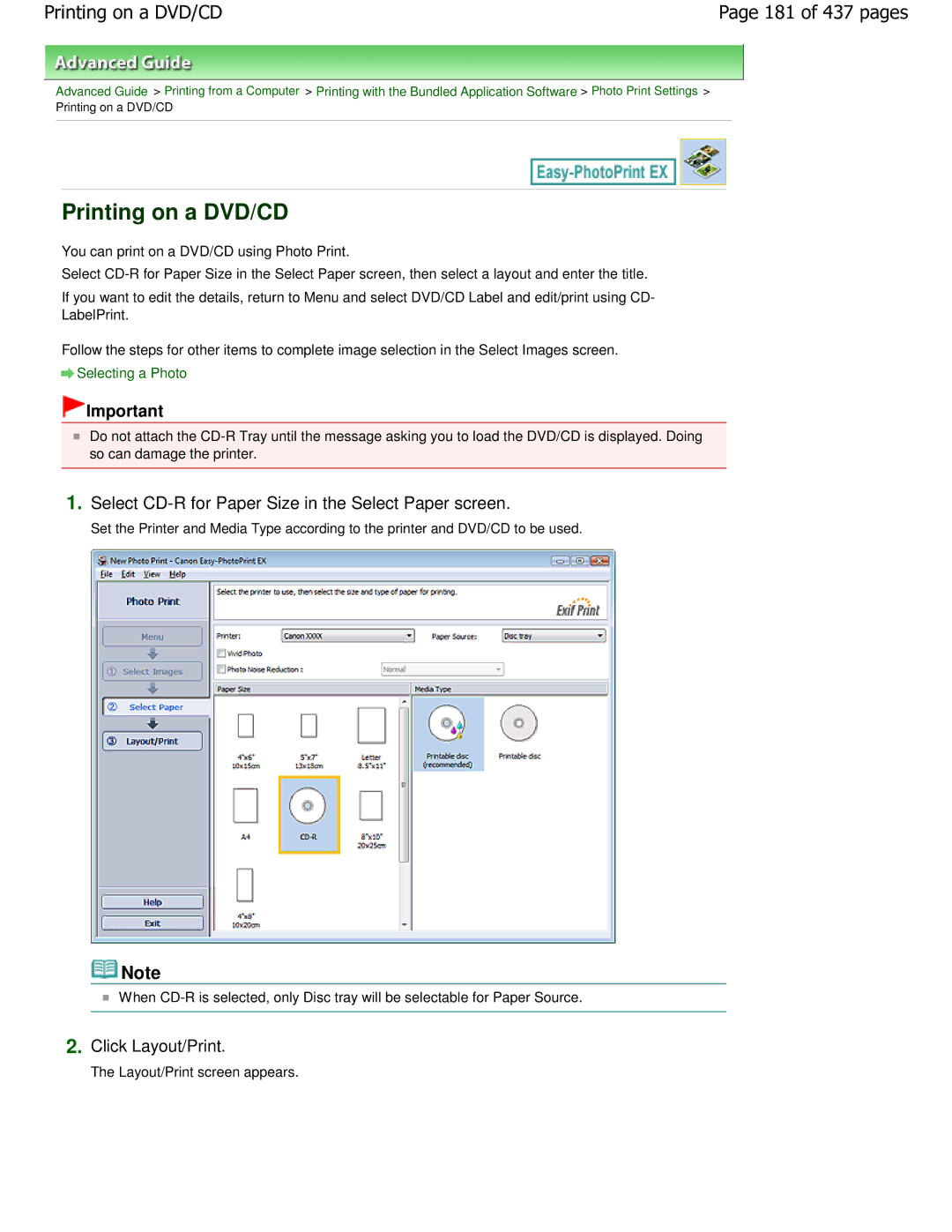 Canon iP4700 manual Printing on a DVD/CD, 181 of 437 pages, Select CD-R for Paper Size in the Select Paper screen 