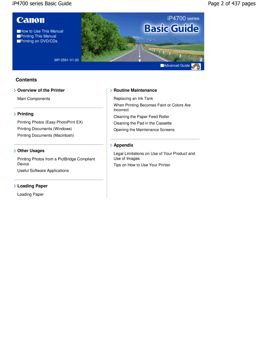 Canon iP4700 manual IP4700 series Basic Guide 2 of 437 pages, Contents 