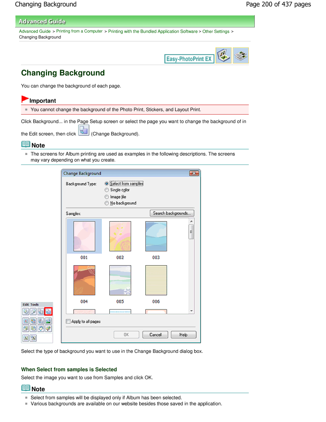 Canon iP4700 manual Changing Background, 200 of 437 pages, When Select from samples is Selected 