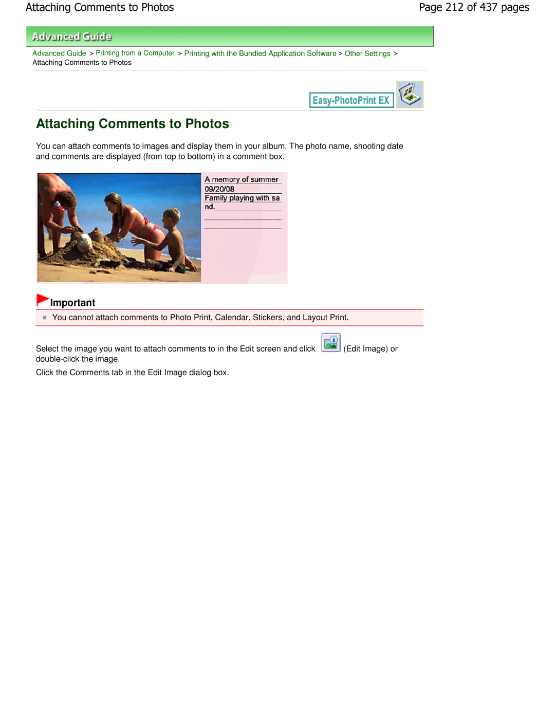 Canon iP4700 manual Attaching Comments to Photos, 212 of 437 pages 