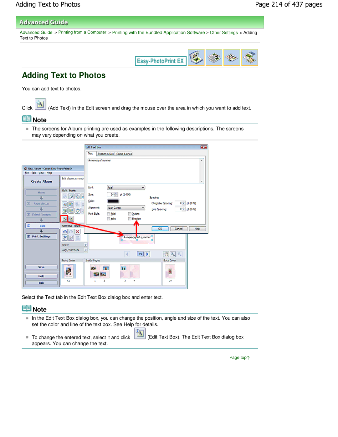 Canon iP4700 manual Adding Text to Photos, 214 of 437 pages 