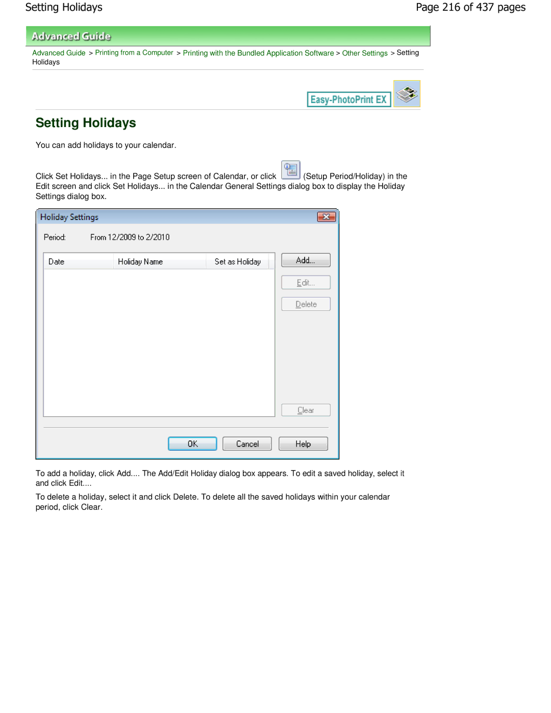 Canon iP4700 manual Setting Holidays, 216 of 437 pages 