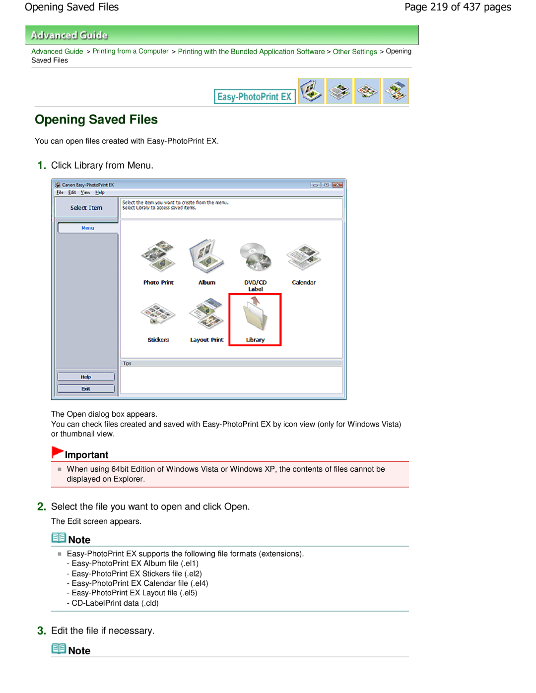 Canon iP4700 manual Opening Saved Files, 219 of 437 pages 