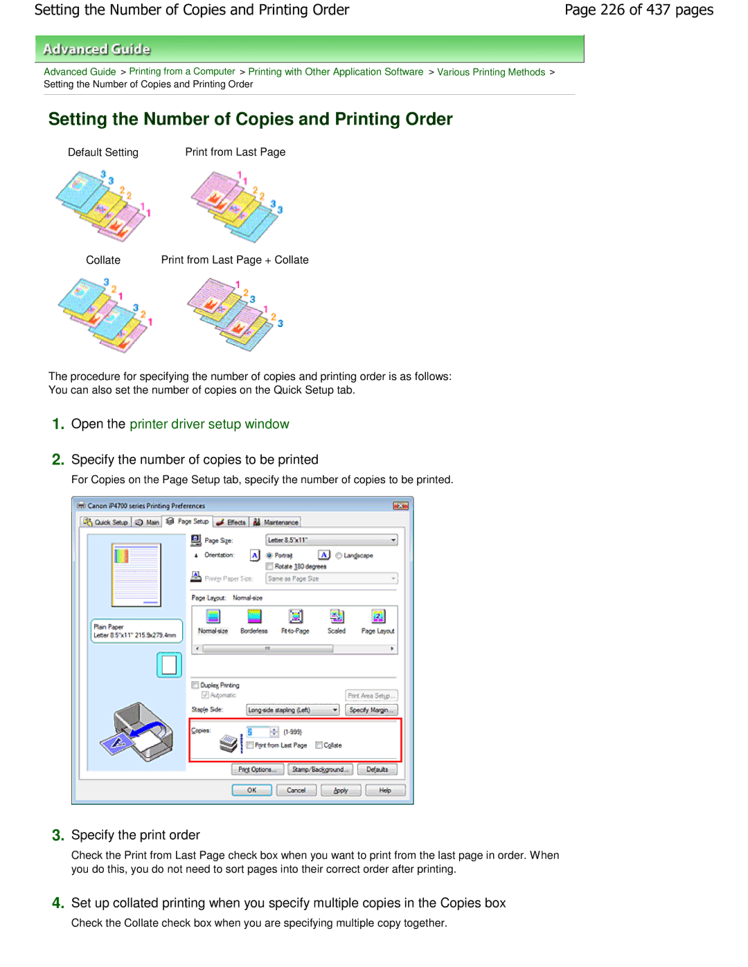 Canon iP4700 Setting the Number of Copies and Printing Order, 226 of 437 pages, Specify the number of copies to be printed 