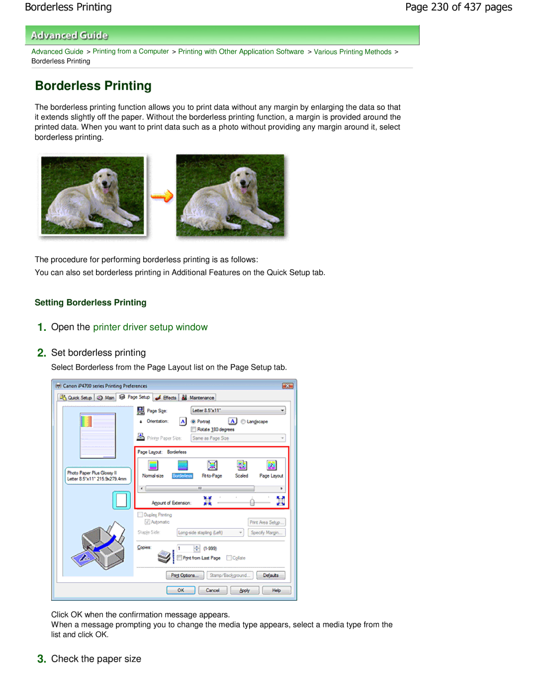 Canon iP4700 manual Borderless Printing, 230 of 437 pages, Check the paper size, Set borderless printing 