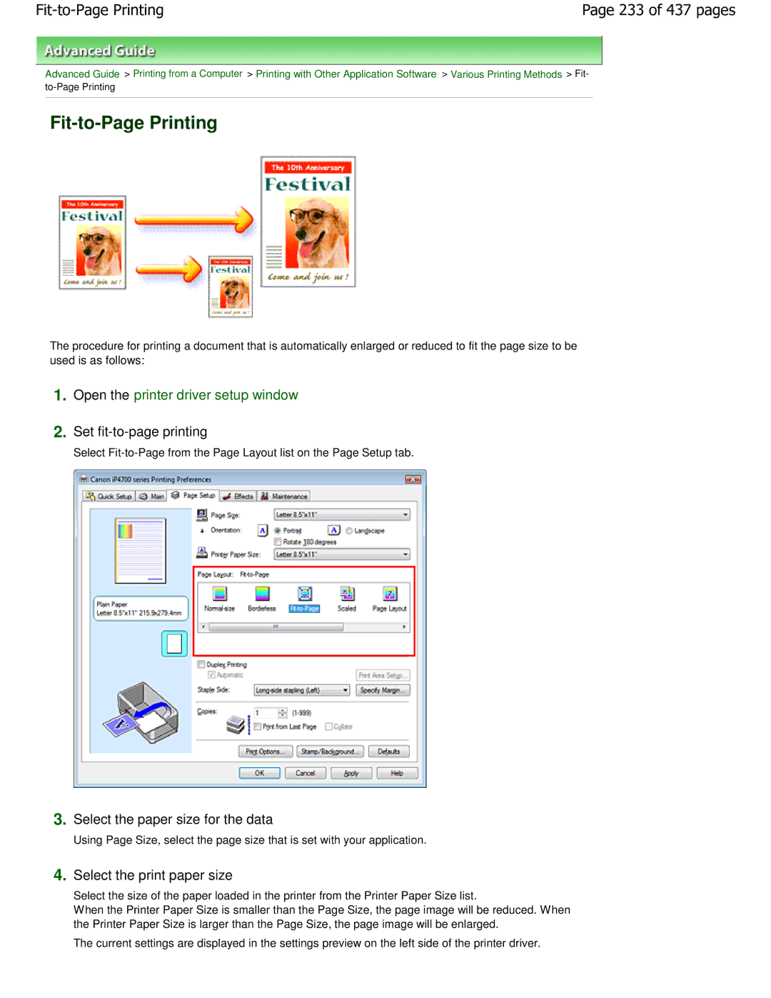 Canon iP4700 manual Fit-to-Page Printing, 233 of 437 pages, Select the print paper size 