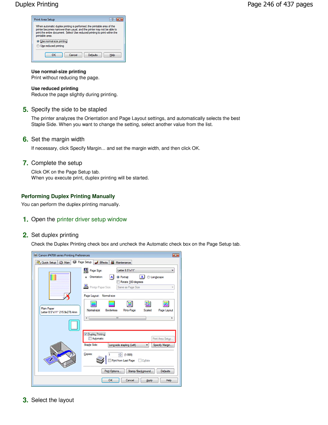 Canon iP4700 manual 246 of 437 pages, Set duplex printing, Performing Duplex Printing Manually, Use normal-size printing 