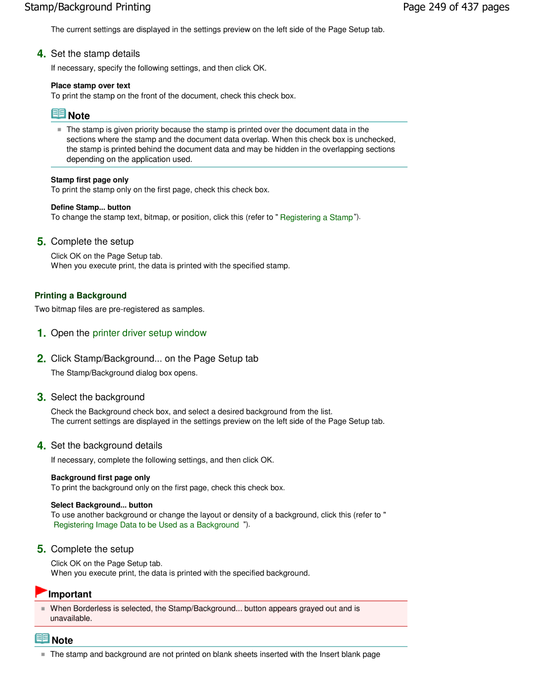 Canon iP4700 manual 249 of 437 pages, Set the stamp details, Select the background, Set the background details 