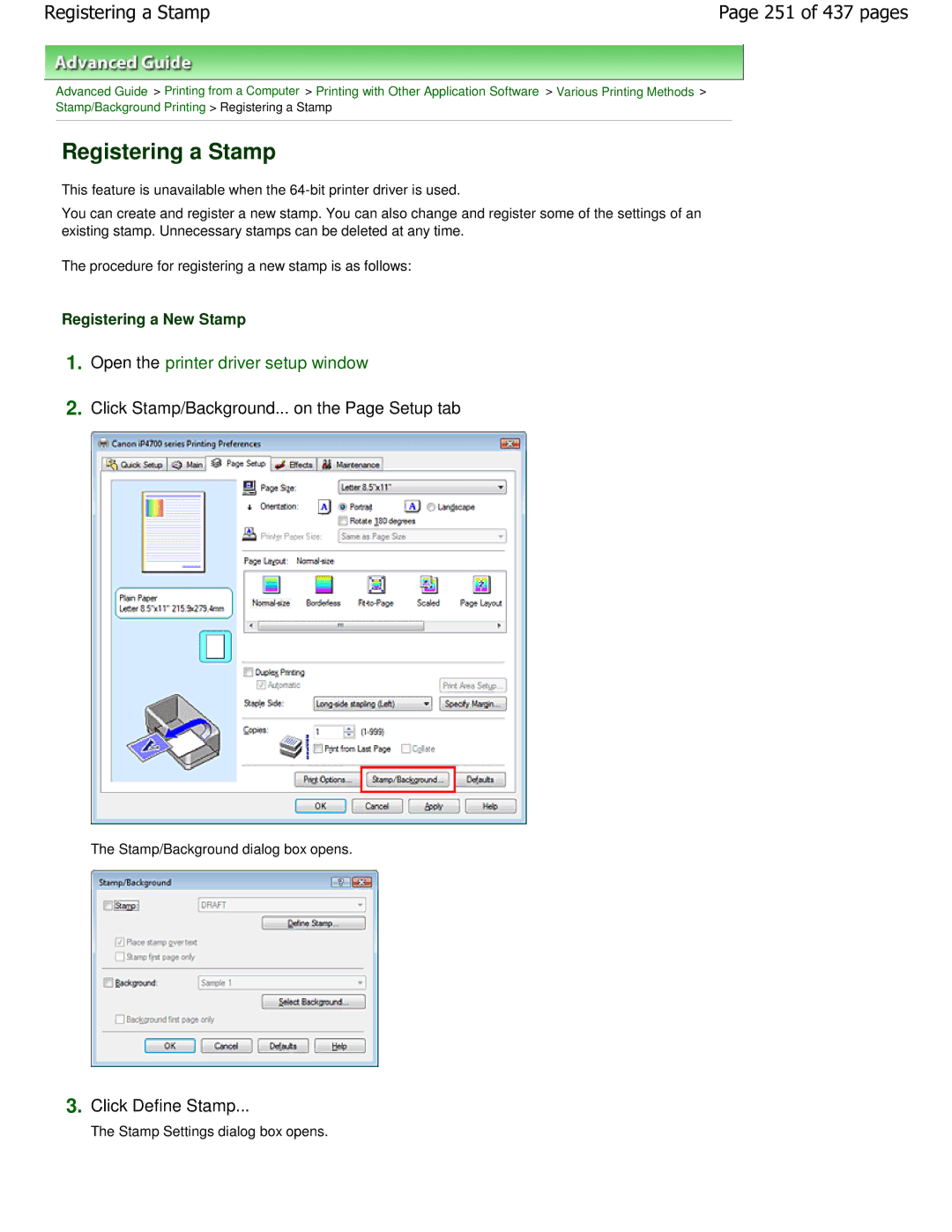 Canon iP4700 manual Registering a Stamp, 251 of 437 pages, Click Define Stamp, Registering a New Stamp 