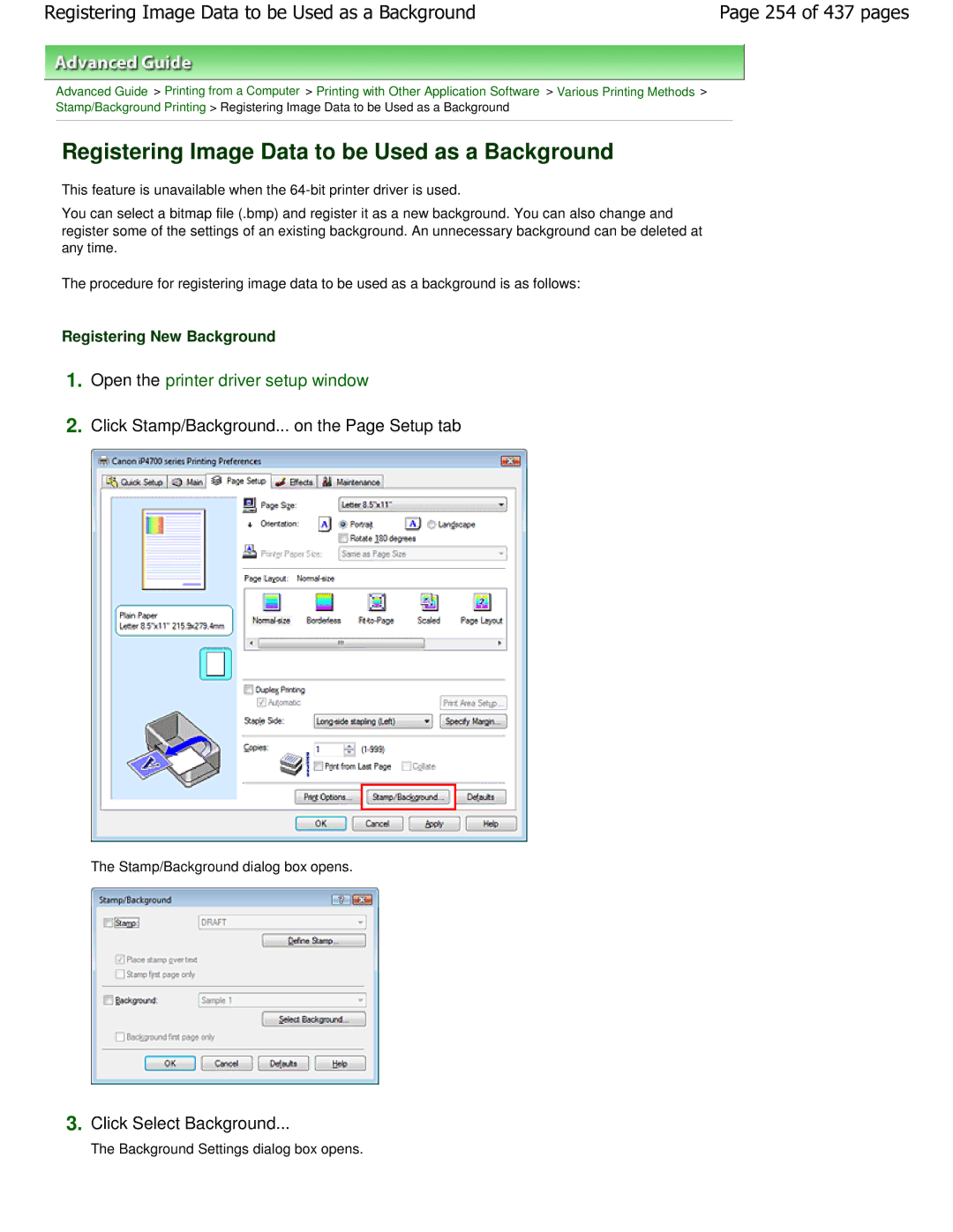 Canon iP4700 manual Registering Image Data to be Used as a Background, 254 of 437 pages, Click Select Background 