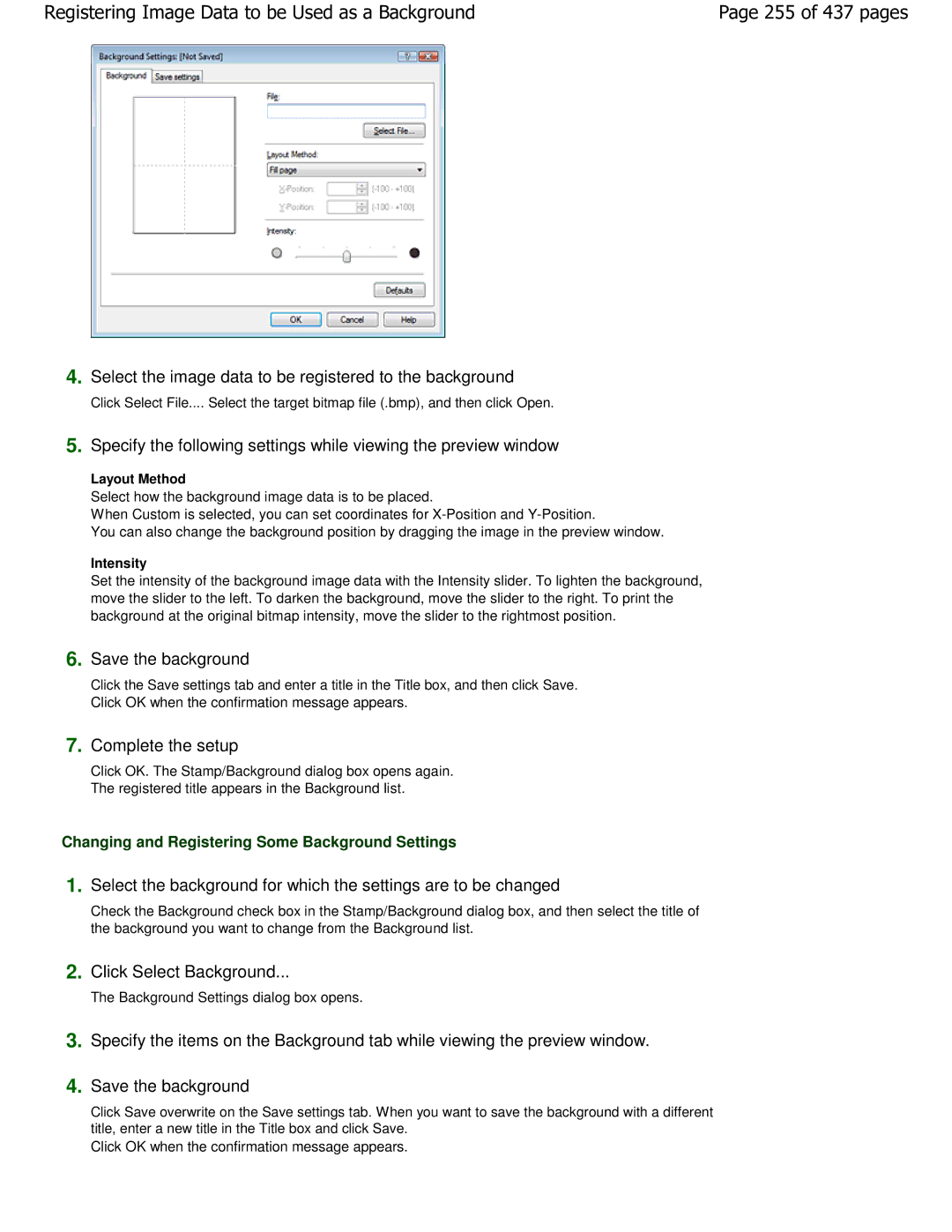 Canon iP4700 manual 255 of 437 pages, Select the image data to be registered to the background, Save the background 