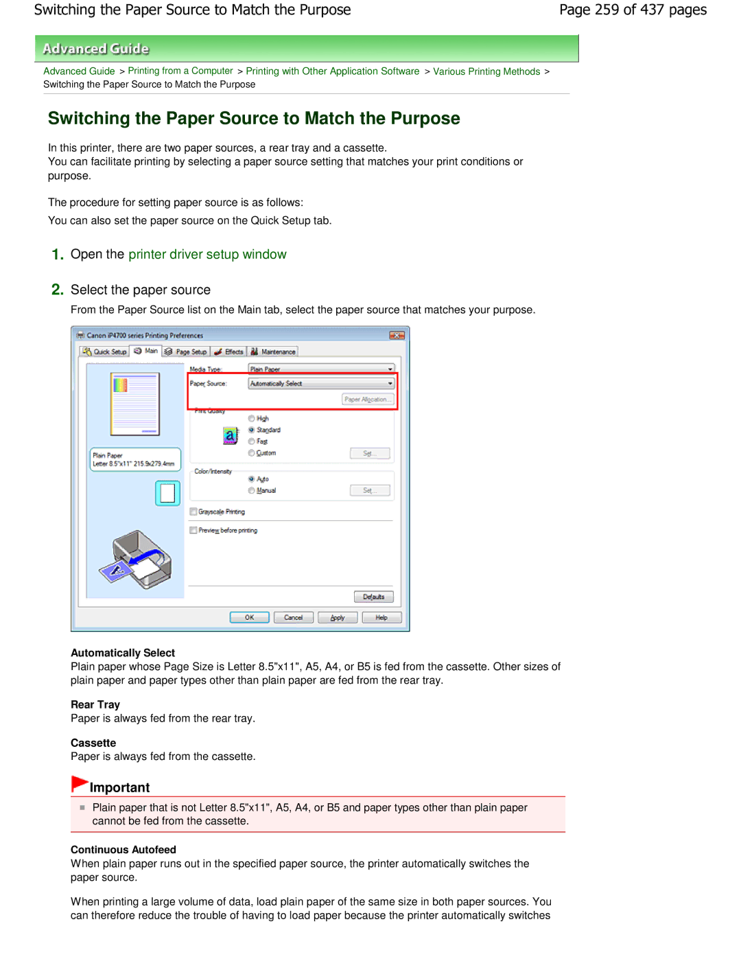 Canon iP4700 manual Switching the Paper Source to Match the Purpose, 259 of 437 pages 