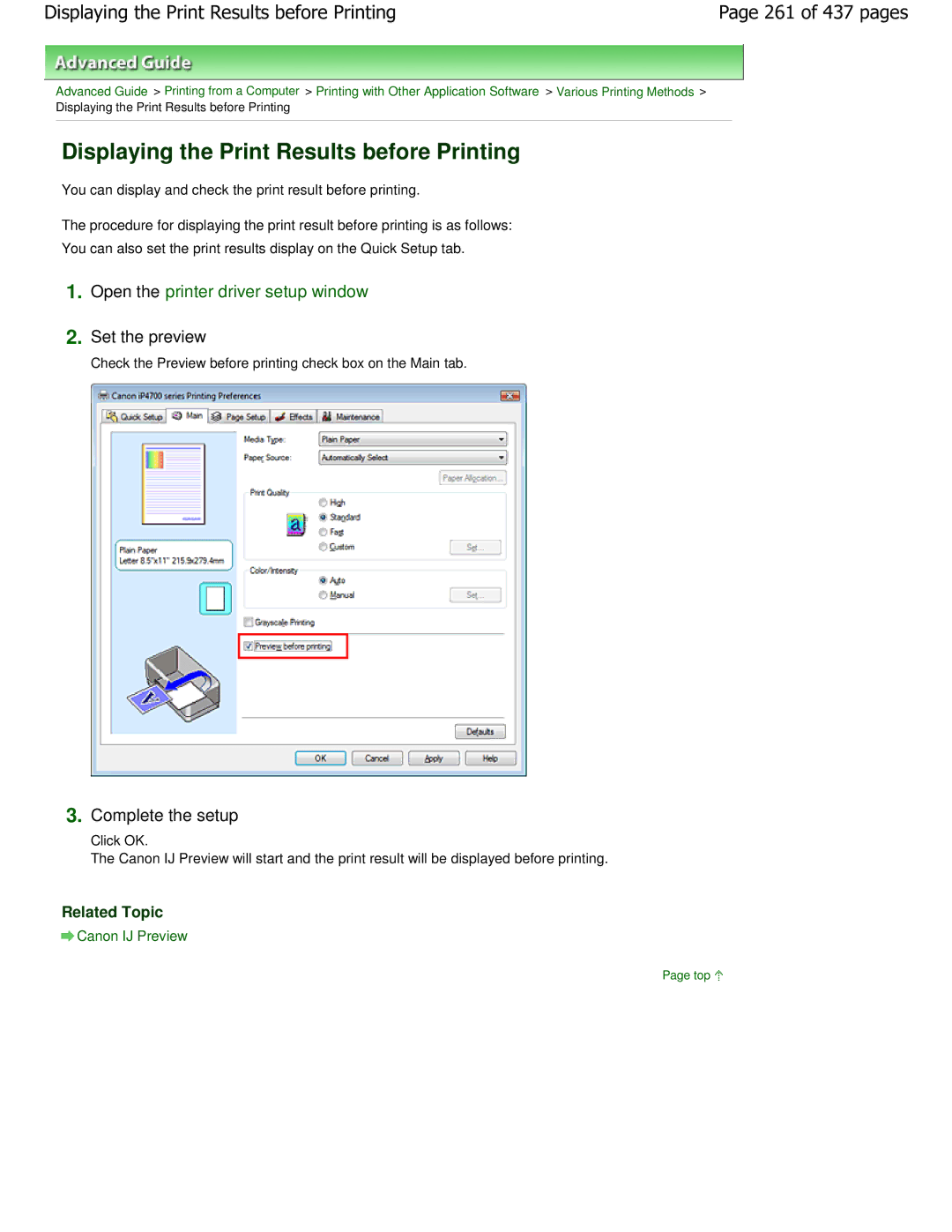 Canon iP4700 manual Displaying the Print Results before Printing, 261 of 437 pages, Set the preview 