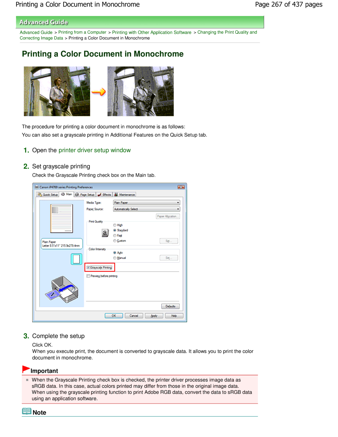 Canon iP4700 manual Printing a Color Document in Monochrome, 267 of 437 pages, Set grayscale printing 