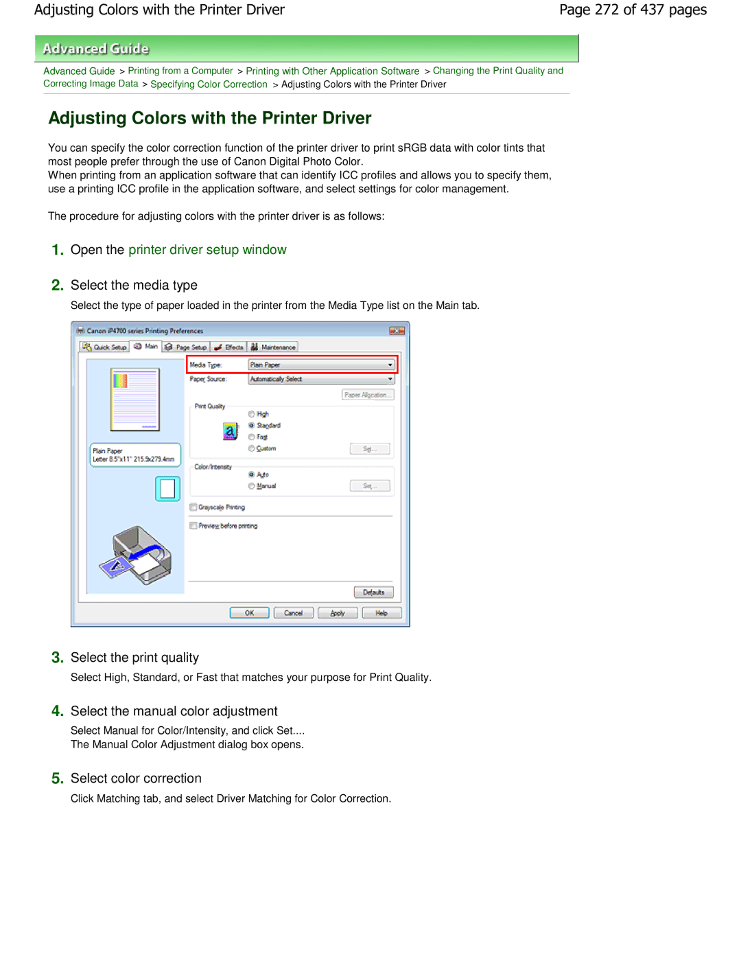 Canon iP4700 manual Adjusting Colors with the Printer Driver, 272 of 437 pages 