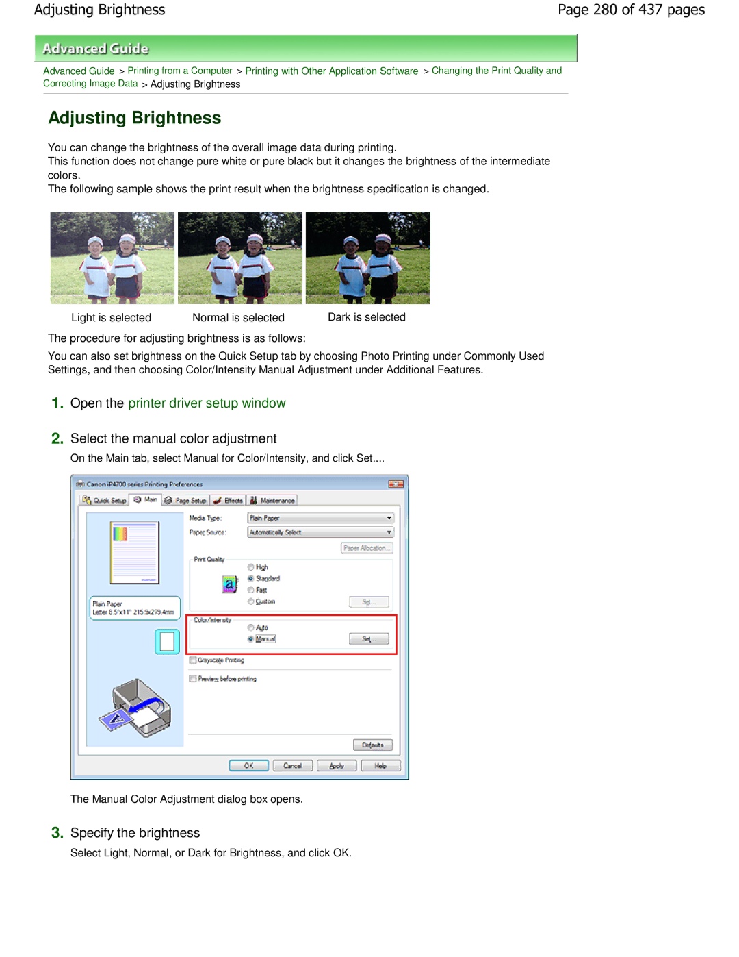 Canon iP4700 manual Adjusting Brightness, 280 of 437 pages, Specify the brightness 