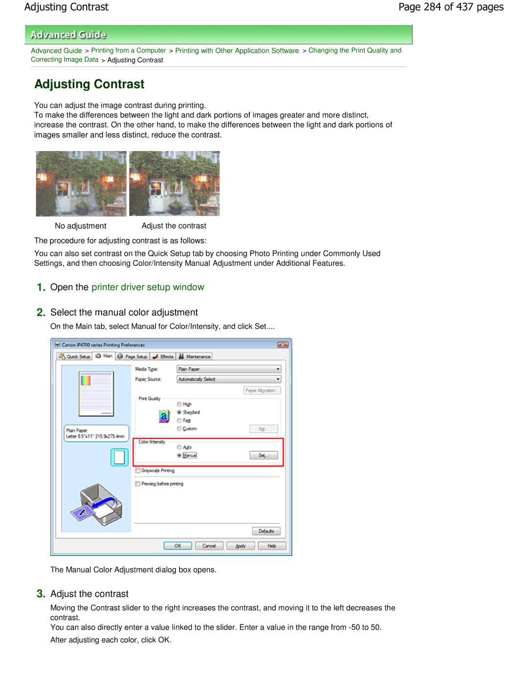 Canon iP4700 manual Adjusting Contrast, 284 of 437 pages, Adjust the contrast 