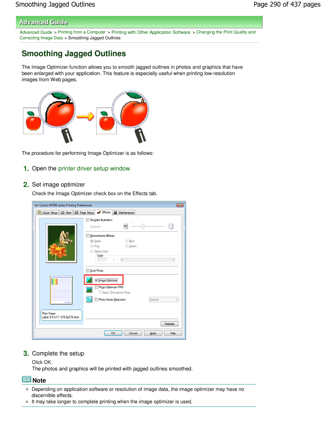 Canon iP4700 manual Smoothing Jagged Outlines, 290 of 437 pages, Set image optimizer 