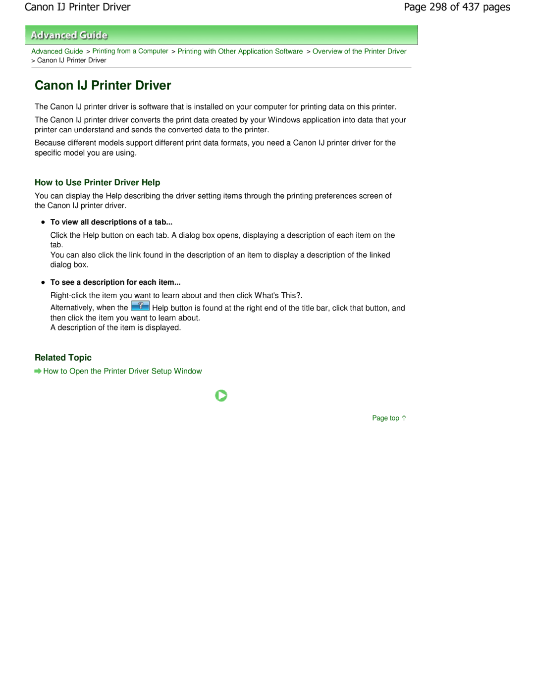 Canon iP4700 manual Canon IJ Printer Driver, 298 of 437 pages, How to Use Printer Driver Help 