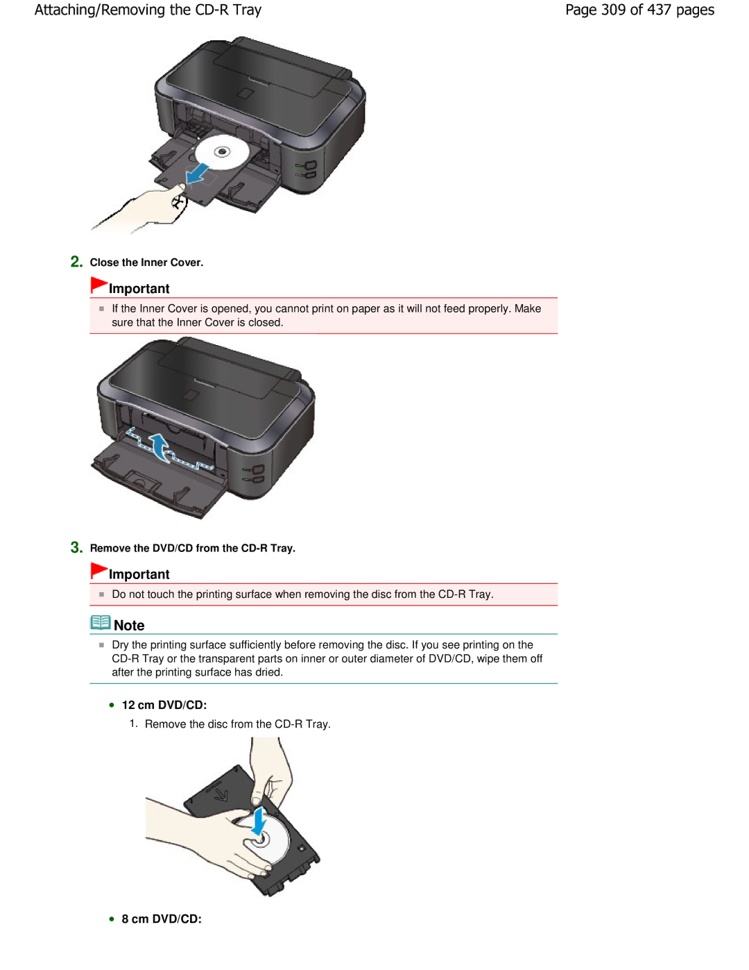 Canon iP4700 manual 309 of 437 pages, Close the Inner Cover, Remove the DVD/CD from the CD-R Tray 