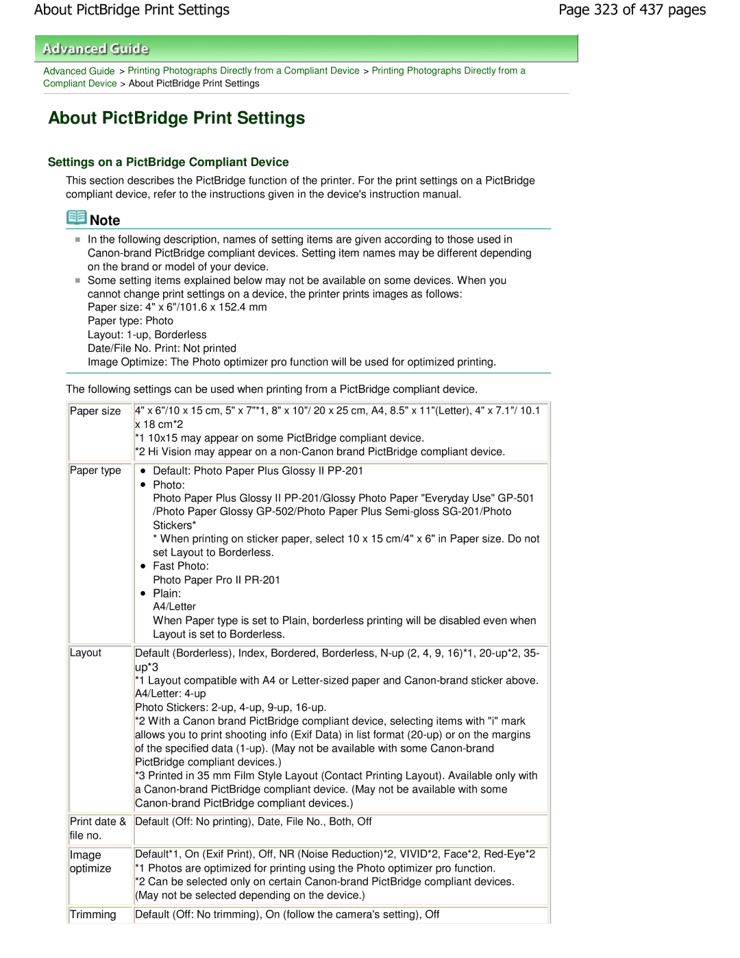 Canon iP4700 manual About PictBridge Print Settings, 323 of 437 pages, Settings on a PictBridge Compliant Device 