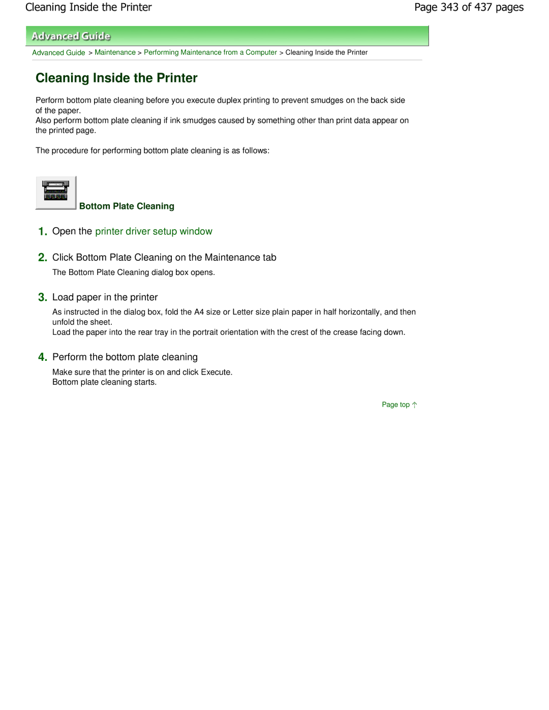 Canon iP4700 manual Cleaning Inside the Printer, 343 of 437 pages, Click Bottom Plate Cleaning on the Maintenance tab 