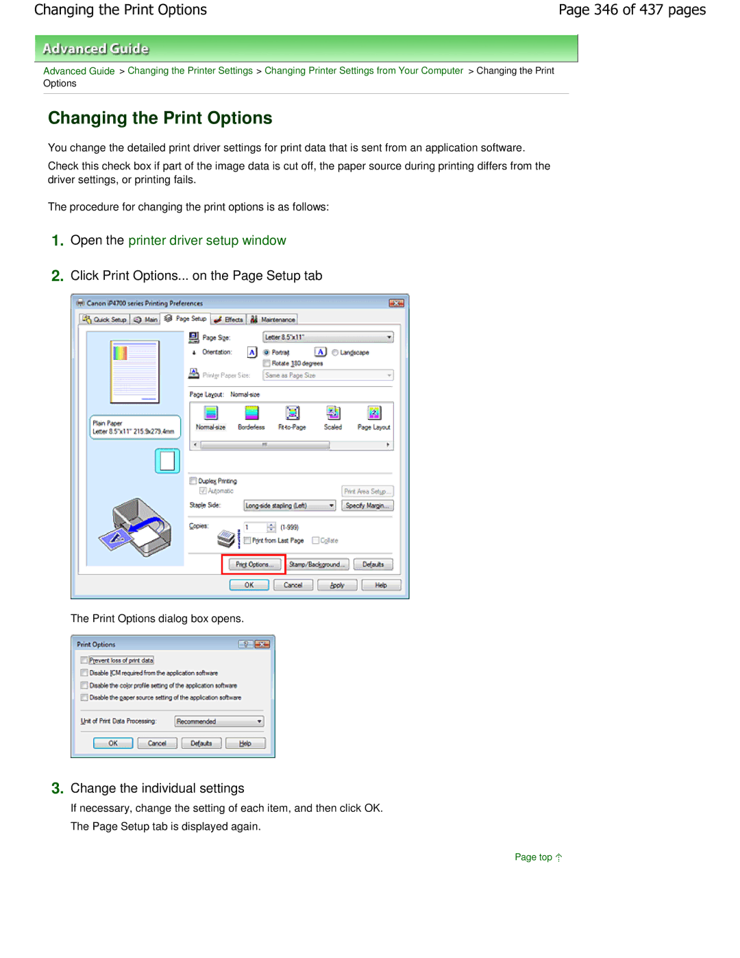 Canon iP4700 manual Changing the Print Options, 346 of 437 pages, Click Print Options... on the Page Setup tab 