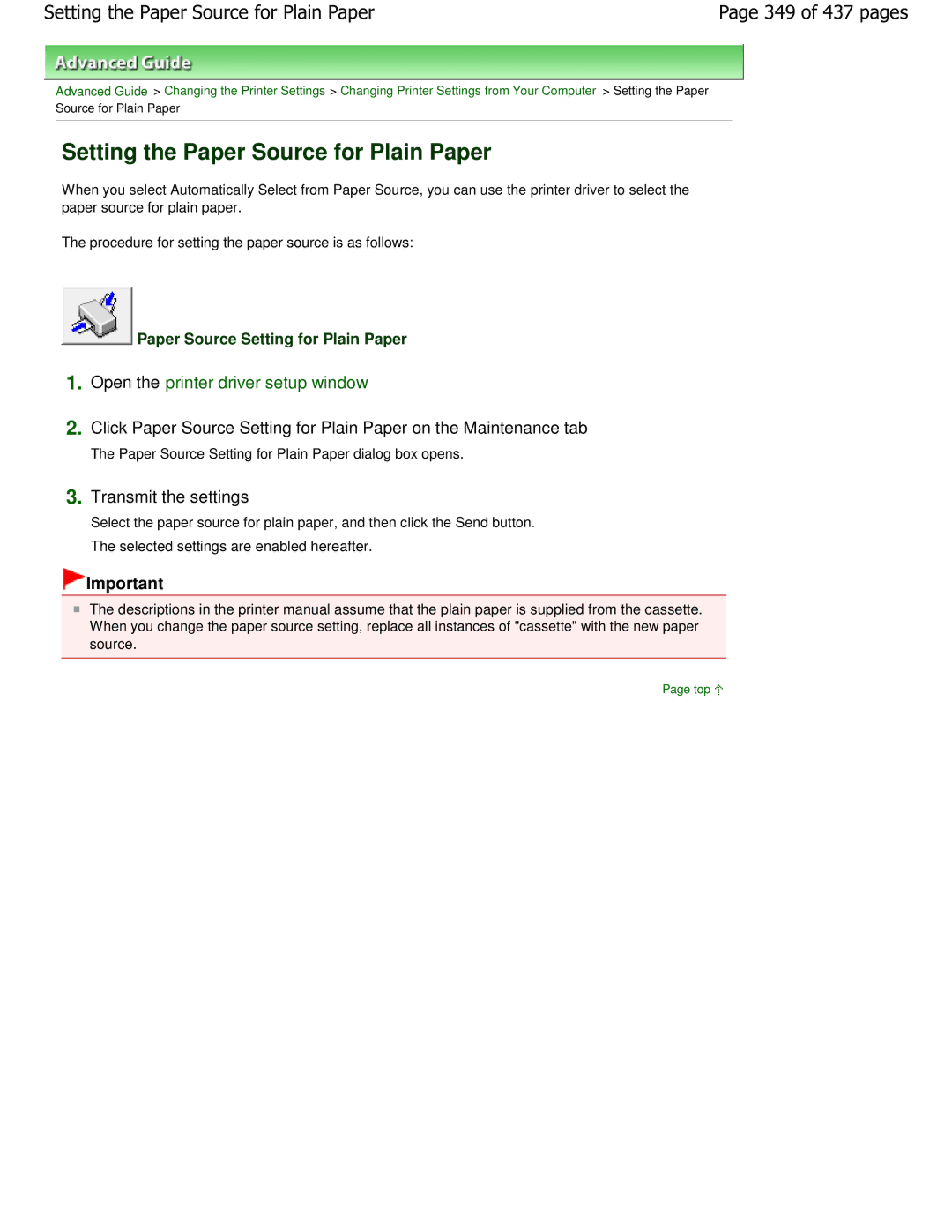 Canon iP4700 manual Setting the Paper Source for Plain Paper, 349 of 437 pages, Transmit the settings 