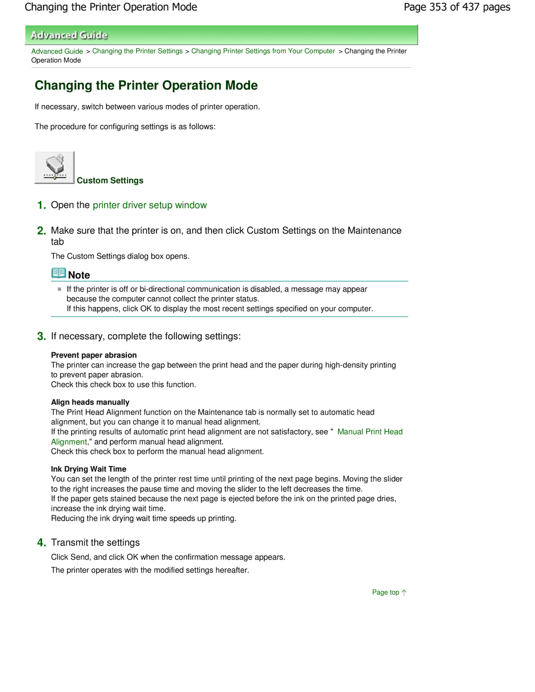 Canon iP4700 manual Changing the Printer Operation Mode, 353 of 437 pages, Custom Settings 
