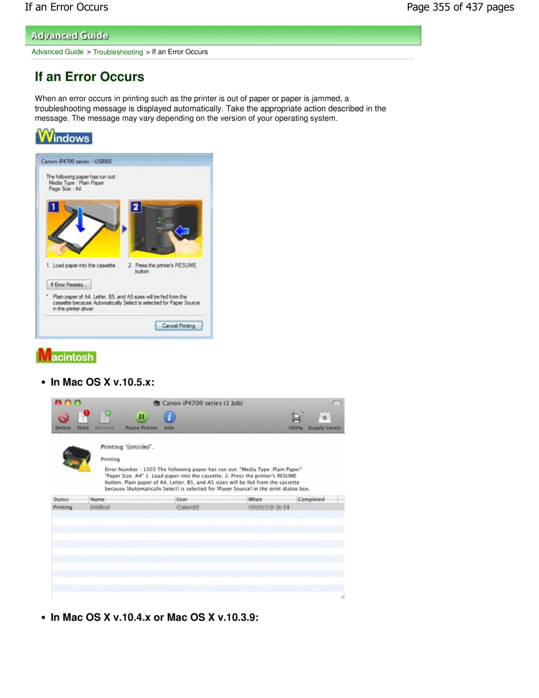 Canon iP4700 manual If an Error Occurs, Mac OS X Mac OS X v.10.4.x or Mac OS X, 355 of 437 pages 