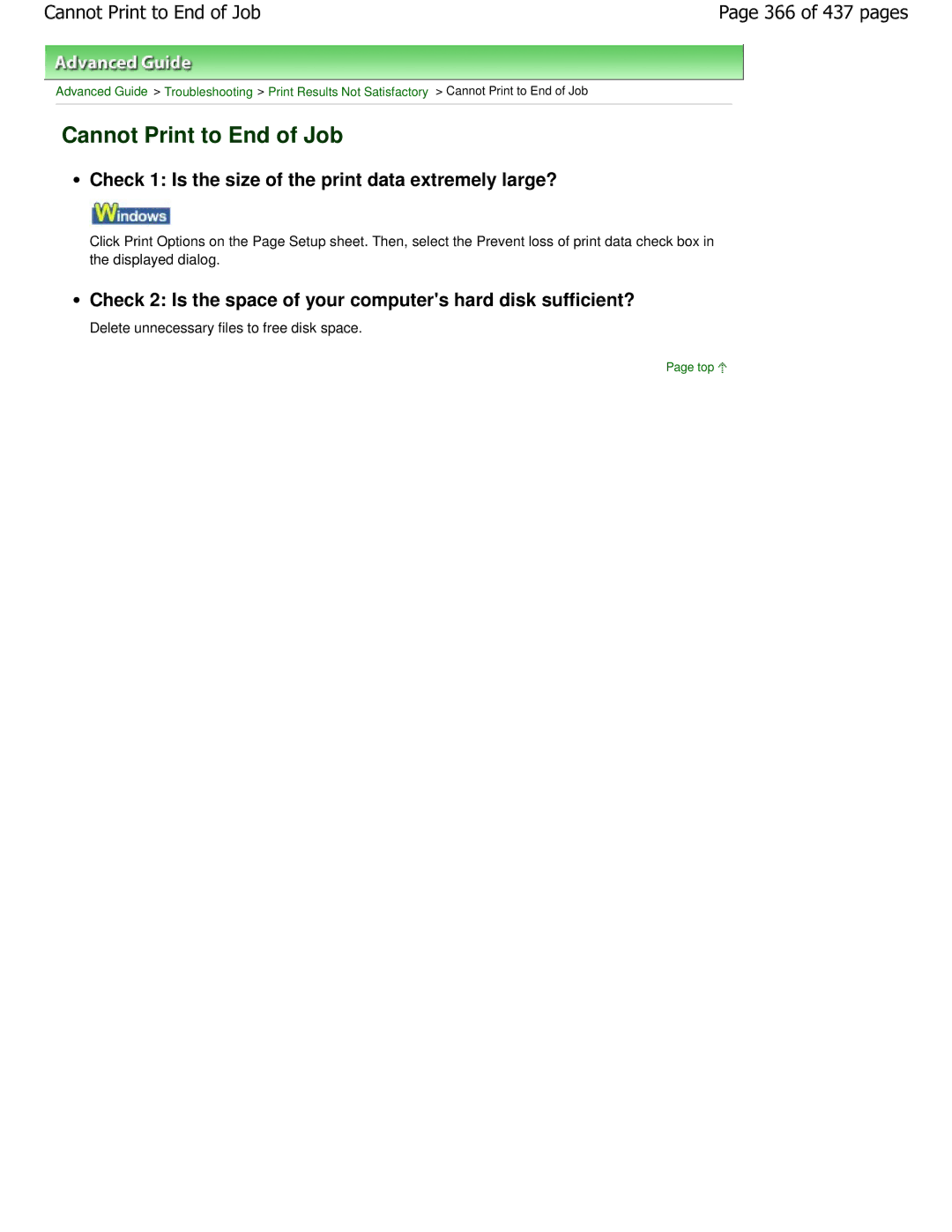 Canon iP4700 manual Cannot Print to End of Job, Check 1 Is the size of the print data extremely large?, 366 of 437 pages 