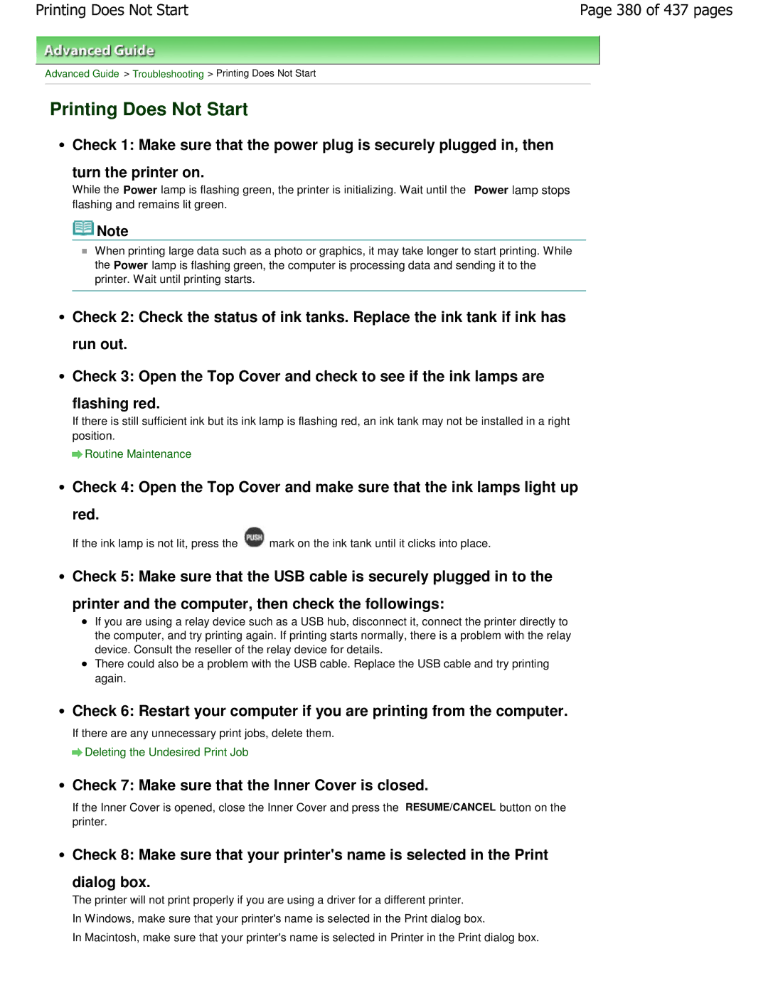 Canon iP4700 manual Printing Does Not Start, Check 7 Make sure that the Inner Cover is closed, 380 of 437 pages 