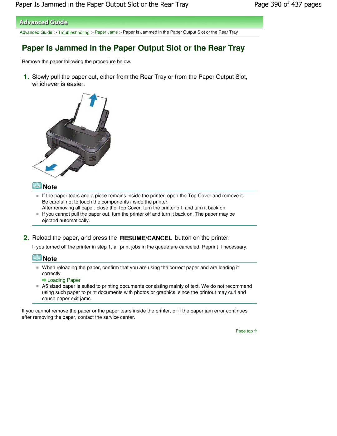 Canon iP4700 manual Paper Is Jammed in the Paper Output Slot or the Rear Tray, 390 of 437 pages 