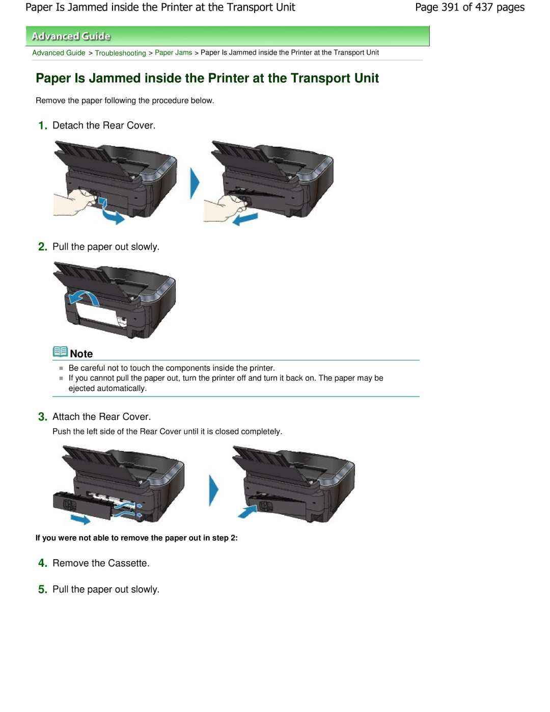 Canon iP4700 manual Paper Is Jammed inside the Printer at the Transport Unit, 391 of 437 pages, Detach the Rear Cover 