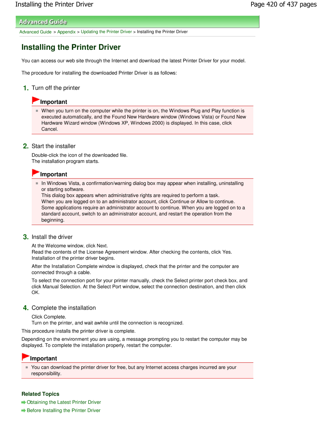 Canon iP4700 manual Installing the Printer Driver, 420 of 437 pages 