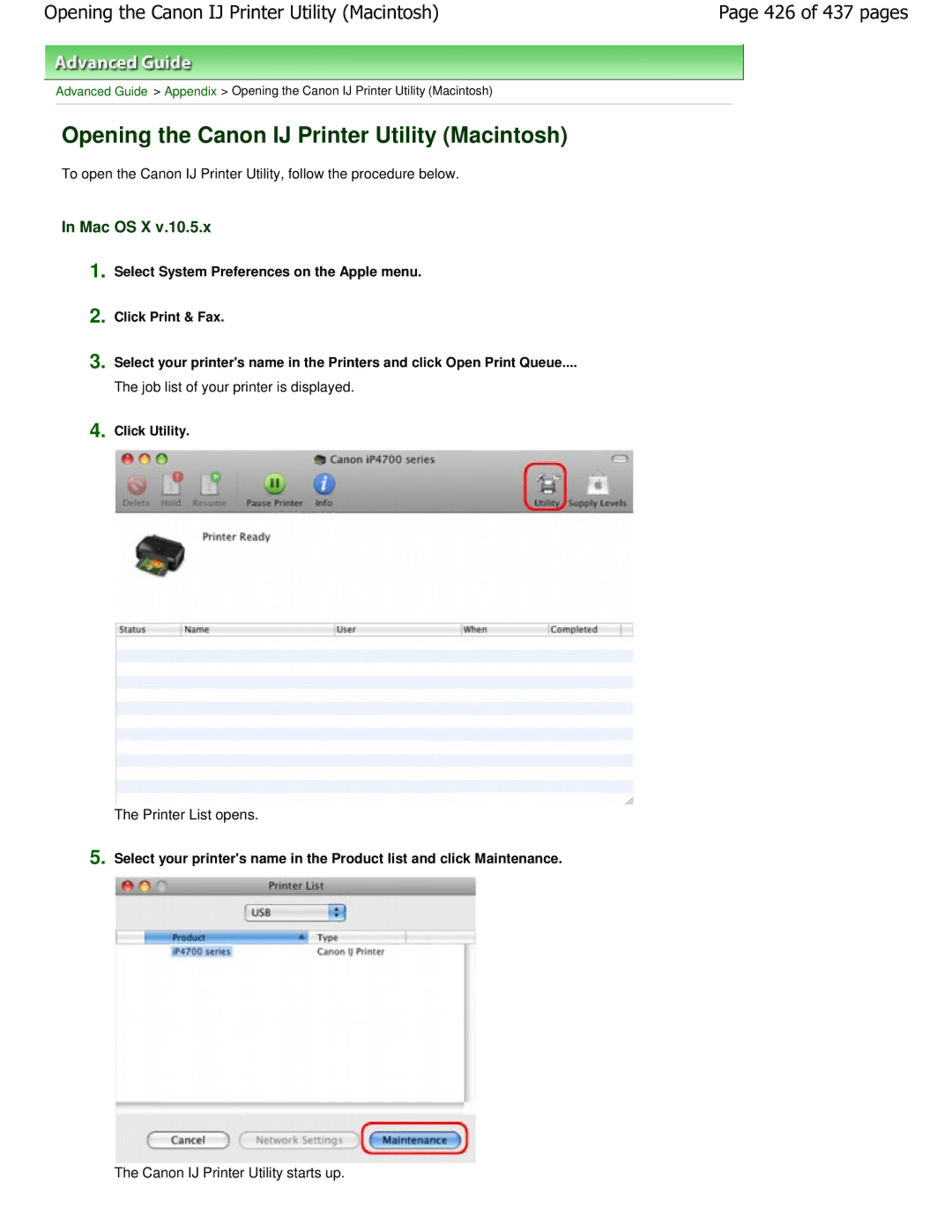 Canon iP4700 manual Opening the Canon IJ Printer Utility Macintosh, 426 of 437 pages, Mac OS X 